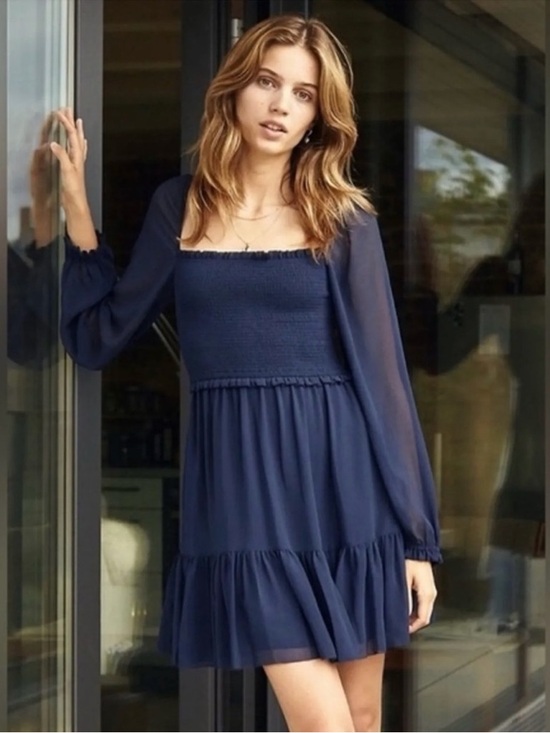 Wilfred Dresses & Skirts - NOT FOR SALE Wilfred Navy Smocked Mini Dress Sheer Sleeves Size S